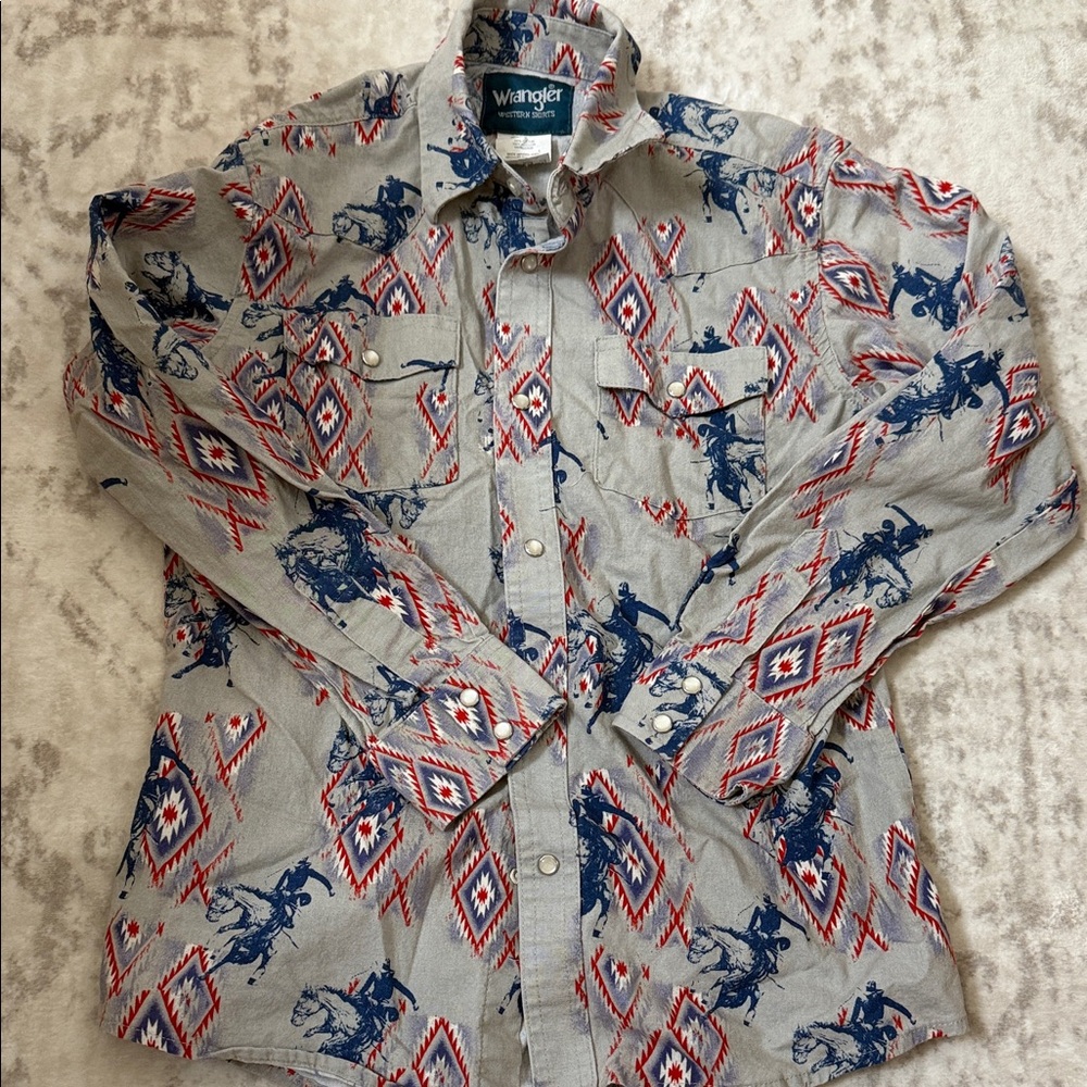 Wrangler Boy’s Button-Down Shirt in Gray with Blue & Red Western Print